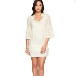 TRINA TURK Bonita Bell Sleeve Dress Gold Whitewash Ivory Metallic‎ size 4 small
